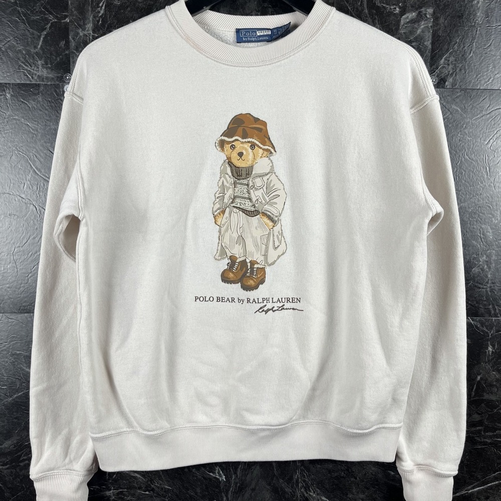 Polo Ralph Lauren Women's Beige Vtg Polo Bear Fleece Sweatshirt XS